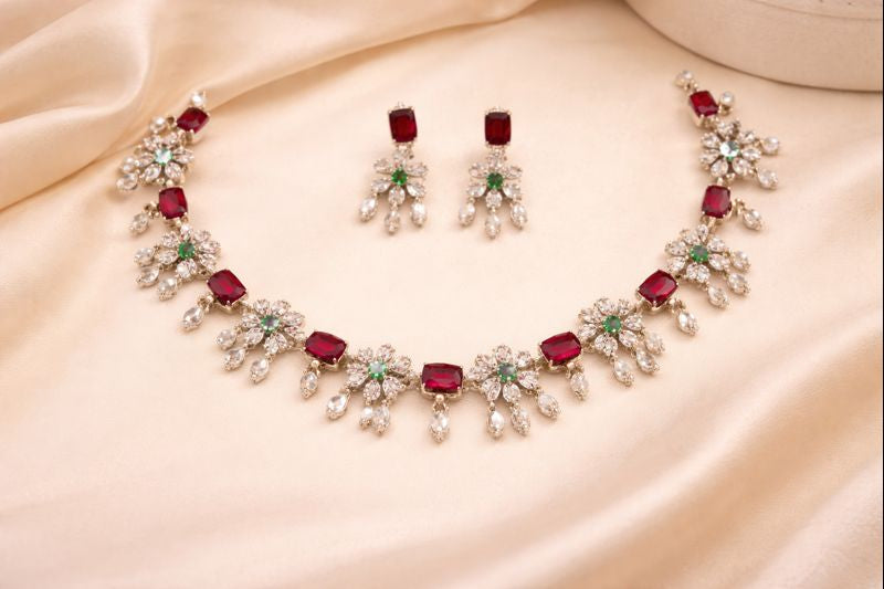 Ruby Stone Floral Necklace Set
