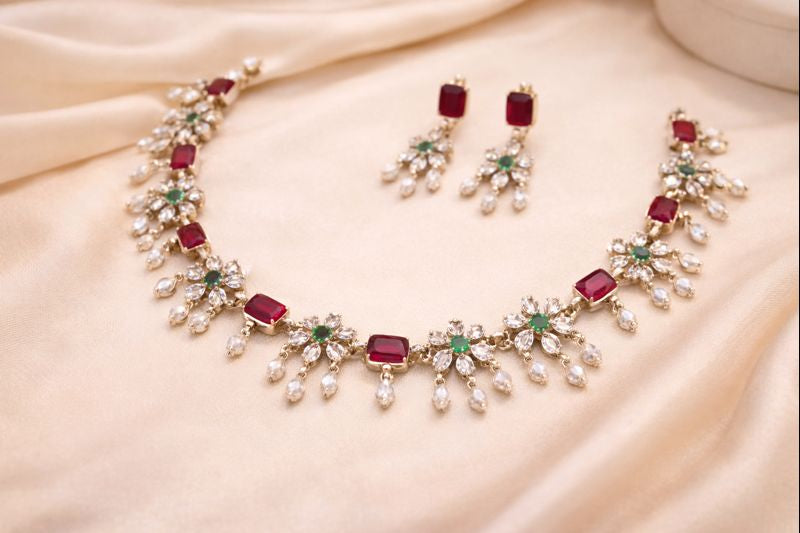 Ruby Stone Floral Necklace Set