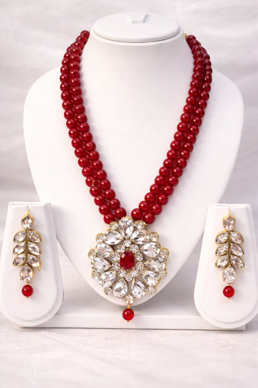 Red Bead Floral Pendant Set